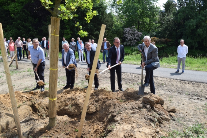 An der Renaturierungsmaßnahme wurde symbolisch eine Eiche gepflanzt. V. l. Manfred Savoir, Leiter des Tiefbauamts Geilenkirchen, Georg Schmitz, Paul Larue, Dr.-Ing. Joachim Reichert und Herbert Brunen, Erster Beigeordneter von Geilenkirchen.